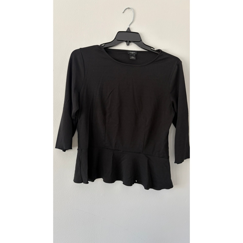 Ann Taylor Black Peplum Top 3/4 Sleeve Round Neck Stretch Knit Size L